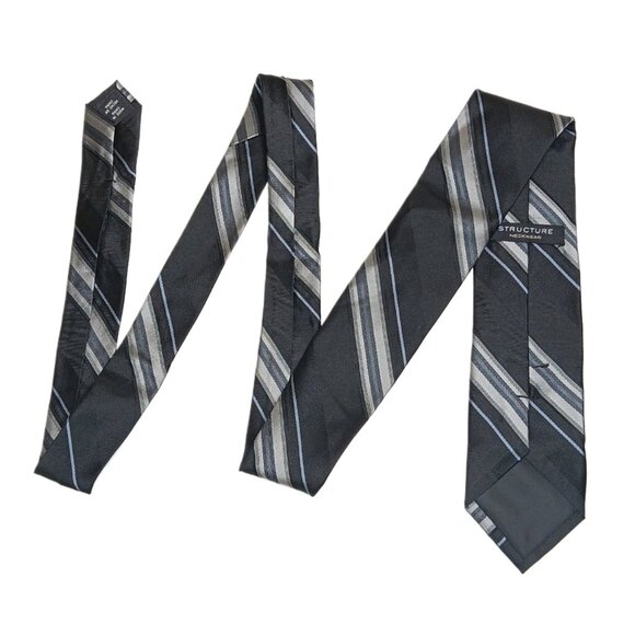 Structure Silk Repp Tie Men’s 60” Black Gray Ribbon Stripe Preppy Skinny New - Picture 3 of 4
